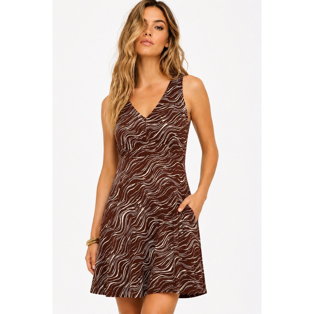 Nine Britton Liliana V-Neck Dress XL Brown‎ Off-White Marble Print Sleeveless
